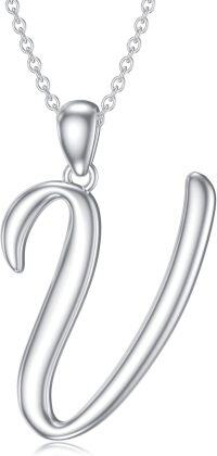 wholesale Sterling Silver 26 Letter Pendant Necklace-Letter V-white gold plated