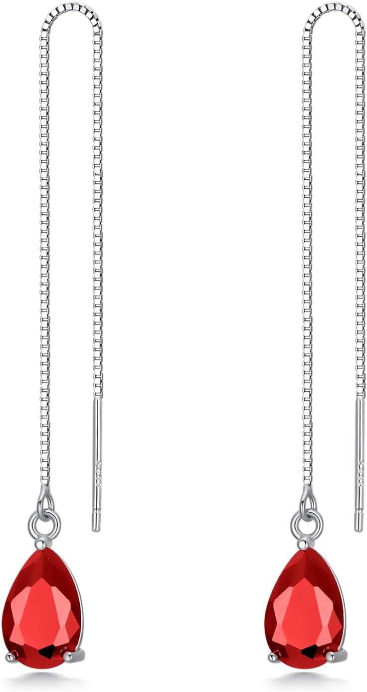 Sterling Silver Birthstone Crystal 11 8mm Threader Drop Long Chain Earrings-Garnet Red