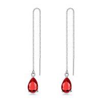 wholesale 925 Sterling Silver Birthstone Crystal 11 8mm Threader Drop Long Chain Earrings-Garnet Red