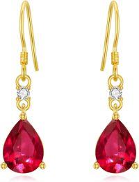 wholesale 14K Gold 3CT Artificial Gemstone Pear-Cut Birthstone Dangle Earrings-July-Created Ruby
