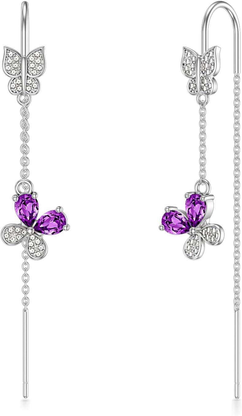 Sterling Silver 12 Birthstone Butterfly Threader Drop Earrings-2-Feb-Amethyst Purple