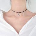 wholesale 925 Sterling Silver Moon & Star Pendant on Black Braided Leather Cord Choker Necklace for Women-0-1