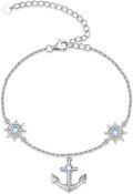 wholesale 925 Sterling Silver Blue Moonstone Anchor & Rudder Adjustable Bracelet for Men Women-0-0