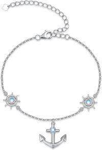 wholesale 925 Sterling Silver Blue Moonstone Anchor & Rudder Adjustable Bracelet for Men Women-Anchor and Rudder
