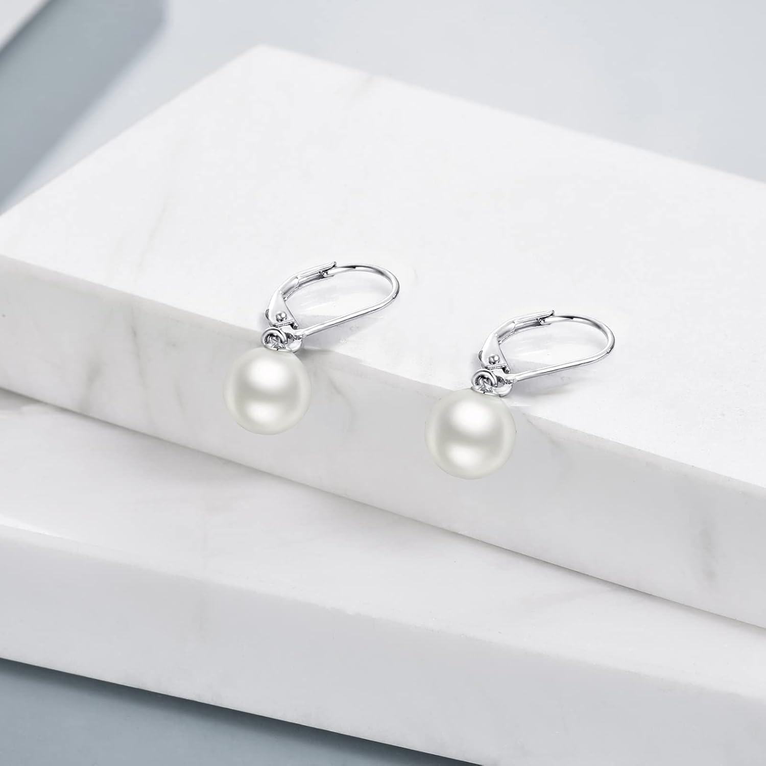 wholesale 925 Sterling Silver White Round Pearl Leverback Dangle Drop Earrings for Women-0-2
