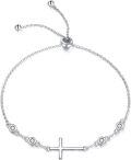 wholesale 925 Sterling Silver Adjustable Sideways Cross Charm Bracelet with Cubic Zirconia Stones for Women and Girls Religious s-0-0