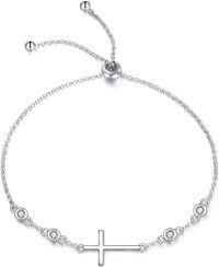 wholesale 925 Sterling Silver Adjustable Sideways Cross Charm Bracelet with Cubic Zirconia Stones for Women and Girls Religious s-Sideways cross bracelets