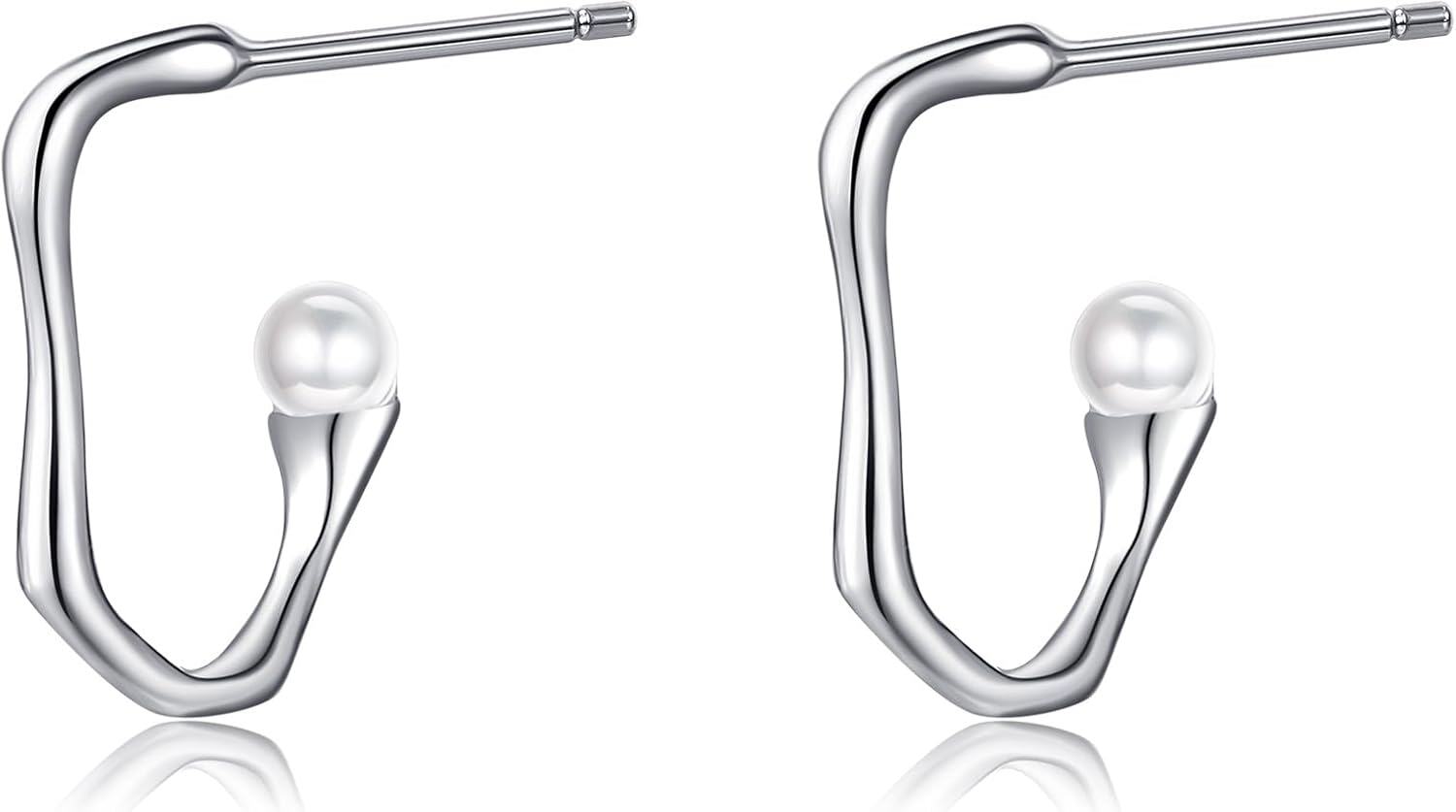 wholesale 925 Sterling Silver Geometric Pearl Studs Hoop Earrings Minimalist  for Women Girls-0-0