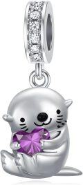 wholesale 925 Sterling Silver Amethyst Otter Charm Bead for Bracelet - 11.2x15mm, Zircon Accents, Hypoallergenic, Gift for Women-0-0