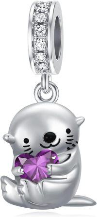 wholesale 925 Sterling Silver Amethyst Otter Charm Bead for Bracelet - 11.2x15mm, Zircon Accents, Hypoallergenic, Gift for Women-02-Feb-Otter