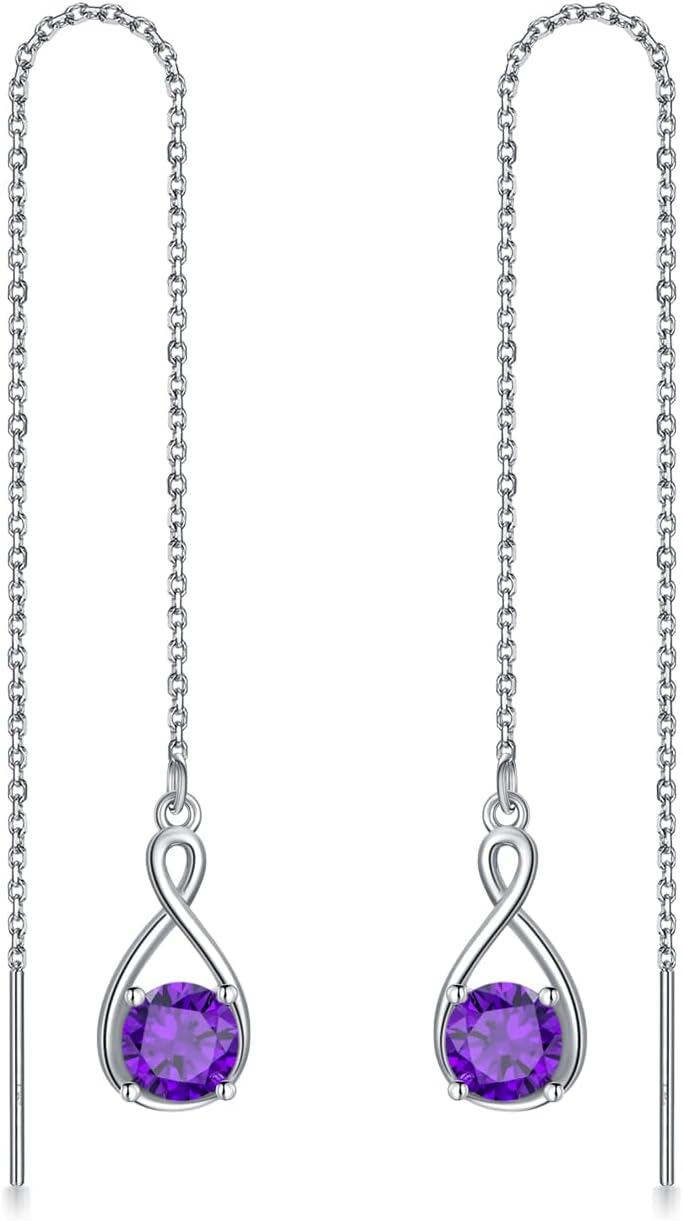  Sterling Silver Birthstone Threader Earrings Infinity Long Chain Drop Pull Through 12 Stone Birthday Jewelry Gifts for Women -02-Feb-Amethyst