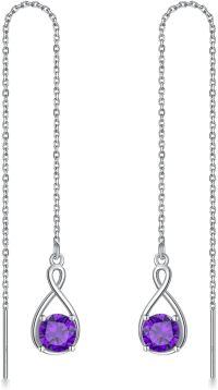 wholesale 925 Sterling Silver Birthstone Threader Earrings Infinity Long Chain Drop Pull Through 12 Stone Birthday Jewelry Gifts for Women-02-Feb-Amethyst