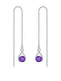 wholesale 925 Sterling Silver Birthstone Threader Earrings Infinity Long Chain Drop Pull Through 12 Stone Birthday Jewelry Gifts for Women-02-Feb-Amethyst