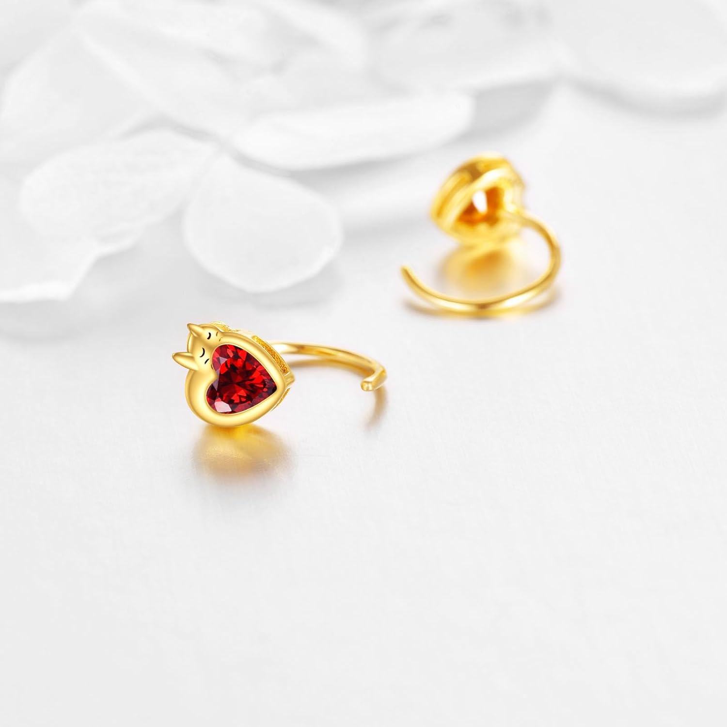 wholesale 14K Gold Heart-Shaped Red Crystal Cat Lover's Leverback Studs for Women-0-4