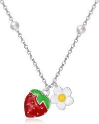 wholesale 925 Sterling Silver Pearl Daisy Flower Charm Pendant Necklace for Women Minimalist  Ideas-Strawberry