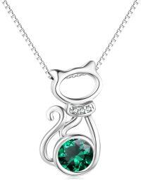 wholesale 925 Sterling Silver & Green Cubic Zirconia Cat Pendant Necklace for Women-5-Emerald Cat