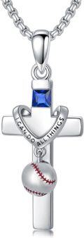 wholesale 925 Sterling Silver Baseball Sports Theme Cross Pendant Necklace  with I CAN DO ALL THINGS Inscription and Blue Crystal Accents-0-0