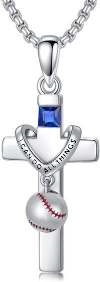 wholesale 925 Sterling Silver Baseball Sports Theme Cross Pendant Necklace  with I CAN DO ALL THINGS Inscription and Blue Crystal Accents-01-Cross Baseball Necklace