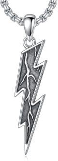 wholesale 925 Sterling Silver Mens Black Meteorite Lightning Bolt Pendant Necklace-0-0