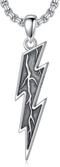 wholesale 925 Sterling Silver Mens Black Meteorite Lightning Bolt Pendant Necklace-Style B