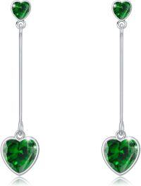 wholesale 925 Sterling Silver Moonstone Turquoise Cubic Zirconia Birthstone Heart Drop Dangle Earrings-May Emerald