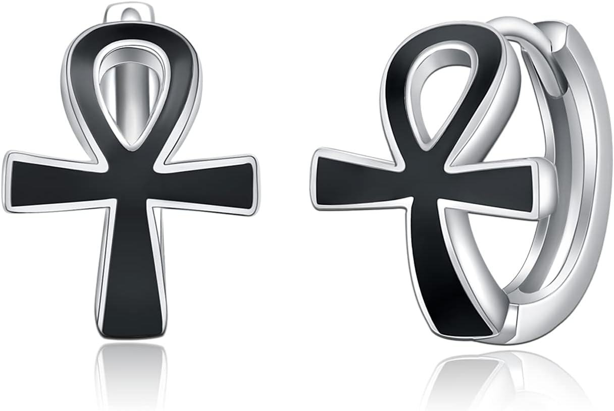  Sterling Silver Cross Viking Hoop Earrings for Men Father s Day Gift for Dad Husband -Ankh Cross Earrings 001