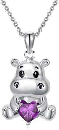 wholesale Sterling Silver Animal Birthstone Necklace Otter Axolotl Hippo Pendant Jewelry Gift for Women-02-Feb-Hippo