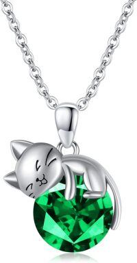 wholesale 925 Sterling Silver Cat Mom Baby Sleeping With Yellow Crystal Pendant Necklace-May