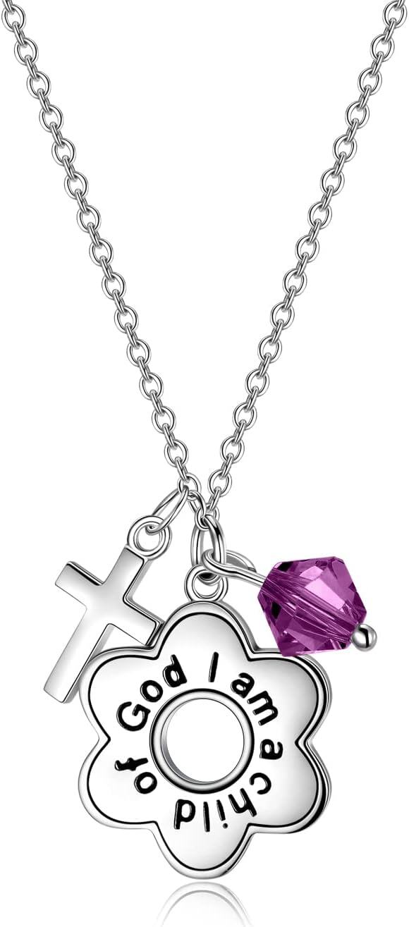 Sterling Silver Daisy Child of God Necklace for Girls Baptism Communion Birthday-Simulated Amethyst