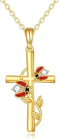 wholesale 14K Gold Cross with Ladybugs and Crystal Accents Pendant Necklace for Women-ladybug