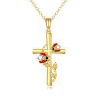wholesale 14k Gold Cross Pendant Necklace With Red Ladybug Zircon Vine Design For Women-ladybug