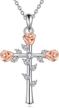 wholesale 925 Sterling Silver Rose Cross Pendant with Leaves and CZ Stone Luck Charm Necklace for Women Girls Gifts-Cross-RoseⅡ