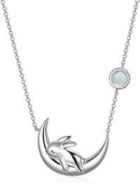 wholesale  Metal Sterling Silver Simulated Moonstone Cute Bunny on Moon Necklace for Women Girls Birthday Gift -Simulated Moonstone