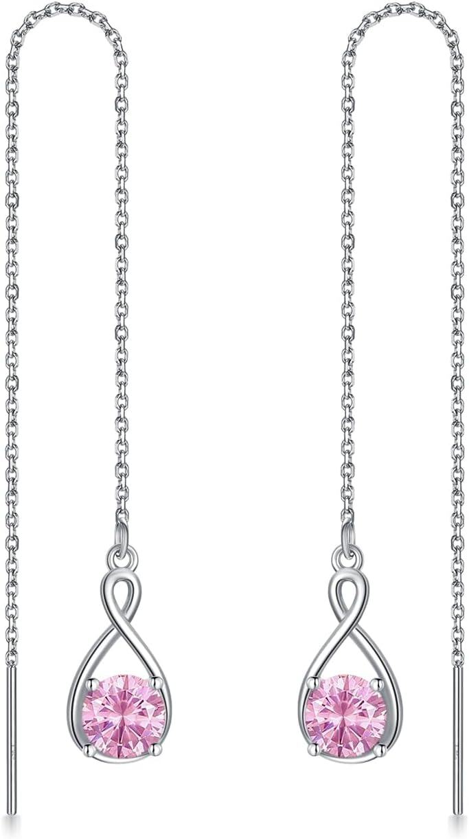  Sterling Silver Birthstone Threader Earrings Infinity Long Chain Drop Pull Through 12 Stone Birthday Jewelry Gifts for Women -10-Oct-Pink