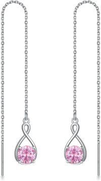wholesale 925 Sterling Silver Birthstone Threader Earrings Infinity Long Chain Drop Pull Through 12 Stone Birthday Jewelry Gifts for Women-10-Oct-Pink