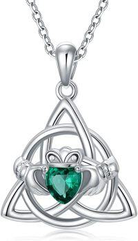 wholesale 925 Sterling Silver Emerald Green Moonstone Irish Claddagh Necklace-Emerald