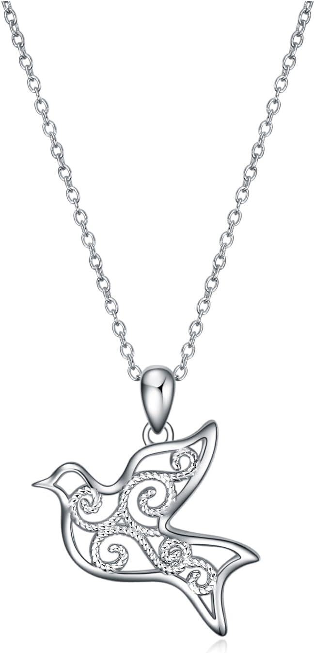 Sterling Silver Bird Filigree Pendant Necklace Dove Cardinal Hummingbird Phoenix Raven Women s Mother s Day Gift-Filigree Dove