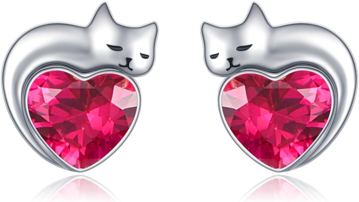 wholesale Sterling Silver Birthstone Cat Stud Earrings Heart Jewelry for Women-01-January