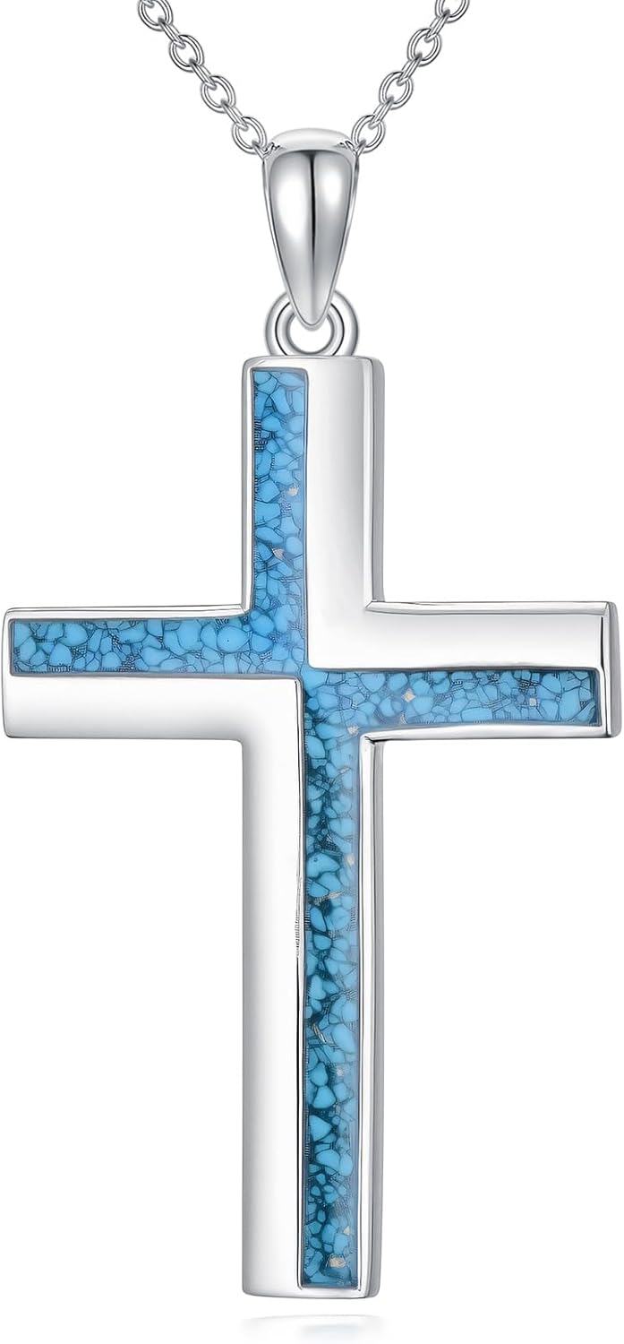 Sterling Silver Turquoise Pendant Cross Necklace Vintage Boho Victorian Jewelry Gift-0-0