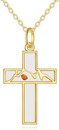 wholesale 14K Gold Amber Inlay Cross Pendant Necklace for Women - Elegant Religious-Mustard Seed Cross