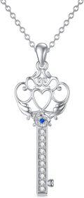 wholesale 925 Sterling Silver Key Shaped Heart Pendant Necklace with Blue Stone and Cubic Zirconia for Women Girls-0-0