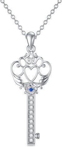 wholesale 925 Sterling Silver Key Shaped Heart Pendant Necklace with Blue Stone and Cubic Zirconia for Women Girls-Key