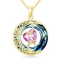 wholesale TOUPOP Birthstone Necklace 925 Sterling Silver Moon And Star Pendant With Blue Crystal Celtic Moon Jewelry Birthday Christmas Gifts For Women Mom Wife Her Daughter -color_name:B-10-October-Pink Tourmaline-Gold