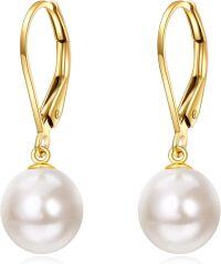 wholesale 14K Gold Freshwater Pearl Dangle Leverback Earrings for Women Bridesmaid Gift-Yellow Gold 14k