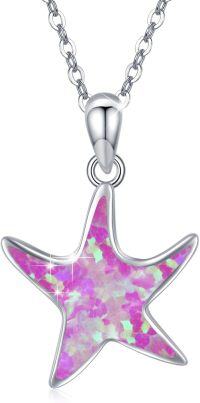wholesale 925 Sterling Silver Pink Fire Opal Starfish Pendant Necklace Sea Life Jewelry for Women Girls 45cm Chain Length-A9-Deep Violet Opal