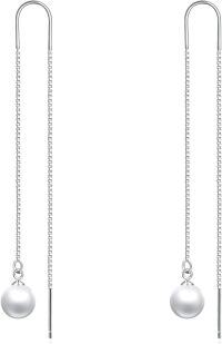 wholesale 925 Sterling Silver Natural Stone Round Bead Long Chain Dangle Threader Earrings-Pearl threader earrings