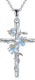wholesale 925 Sterling Silver Blue Lily Birth Flower Cross Pendant Necklace for Women-0-0