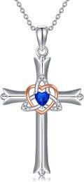 wholesale 925 Sterling Silver Blue Heart Cross Pendant Necklace with CZ Stones and Chain for Women Girls Gifts-0-0