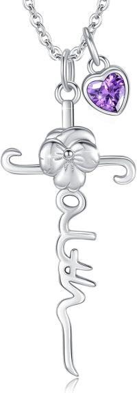 wholesale Sterling Silver Birthstone Flower Cross Pendant Necklace-02 February-Violet