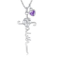 wholesale 925 Sterling Silver Birthstone Flower Cross Pendant Necklace-02 February-Violet